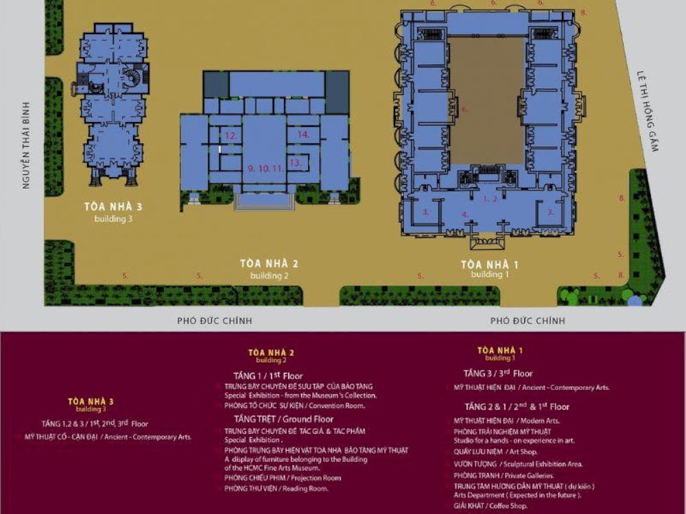 A layout map of the exhibition areas and galleries at the Ho Chi Minh City Museum of Fine Arts to help visitors navigate the museum easily